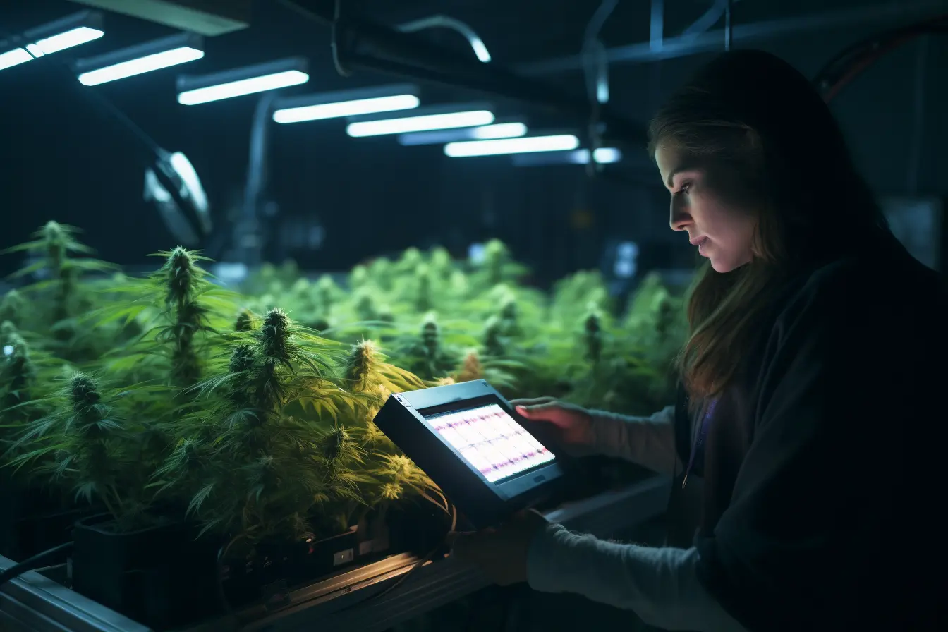 female cannabis consultant using a lighting controller in a professional cannabis cultivation facility