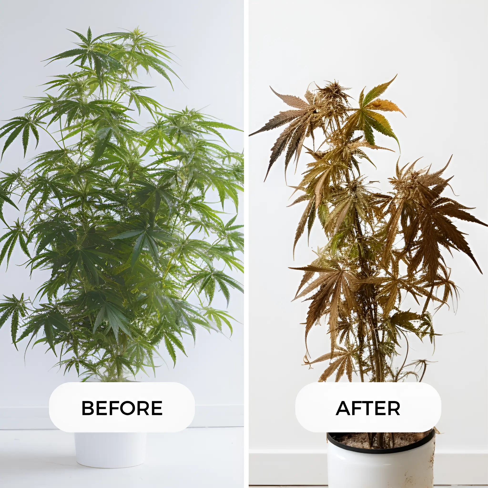 Comparison image showing a healthy cannabis plant next to one left untreated due to nitrogen deficiency