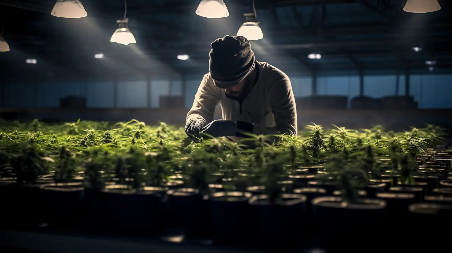 Cannabis facility worker inspecting plants